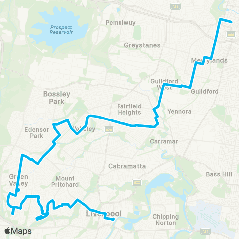 Sydney Buses Network Liverpool to Parramatta via Fairfield W map