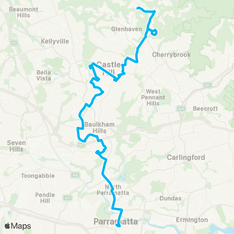 Sydney Buses Network Dural to Parramatta via Castle Hill map