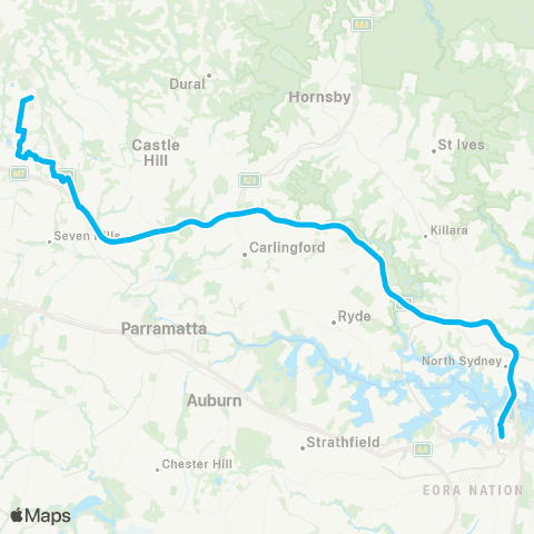 Sydney Buses Network Kellyville Ridge to City QVB (Exp Service) map