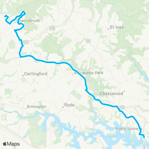 Sydney Buses Network Dural to Milsons Point via Cherrybrook map