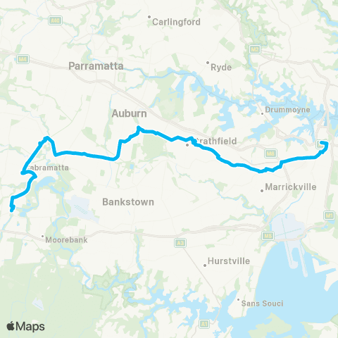 Sydney Buses Network Liverpool to City Town Hall via Strathfield (Night Service) map