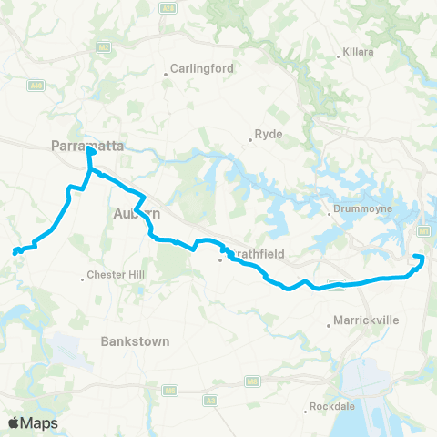 Sydney Buses Network Fairfield to City Town Hall via Strathfield (Night Service) map