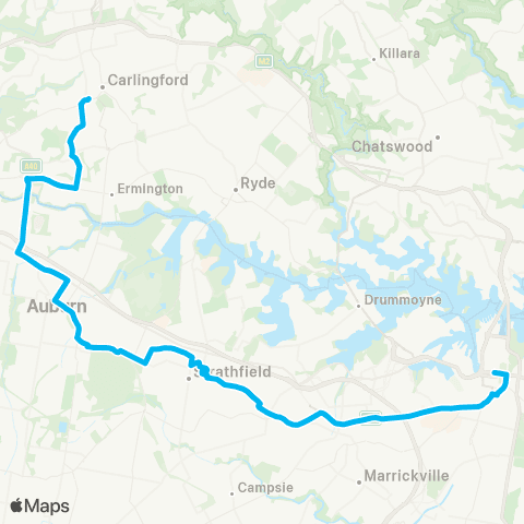 Sydney Buses Network Carlingford to City Town Hall via Strathfield (Night Service) map