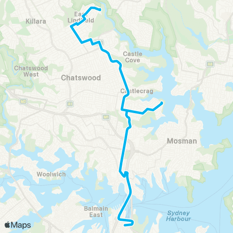 Sydney Buses Network E Lindfield to City Bridge St via Northbridge & N Sydney map