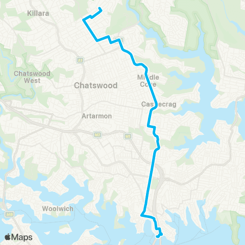 Sydney Buses Network E Lindfield to Milsons Point via N Sydney map