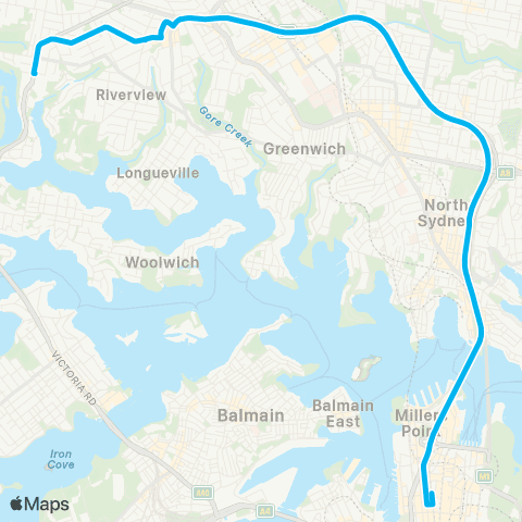 Sydney Buses Network Lane Cove W to City Wynyard via Freeway map