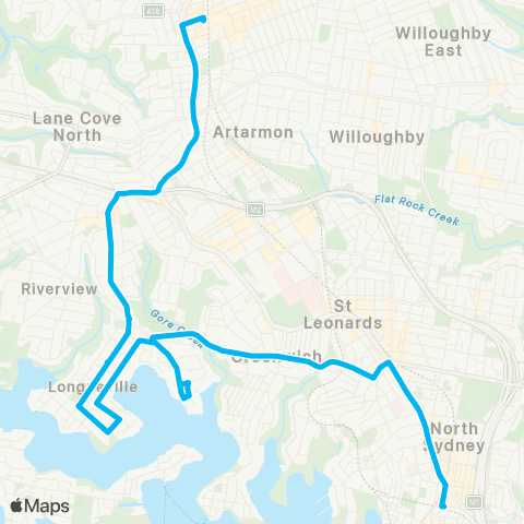 Sydney Buses Network Lane Cove to N Sydney via Longueville map