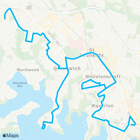Sydney Buses Network Lane Cove to North Sydney via Crows Nest map