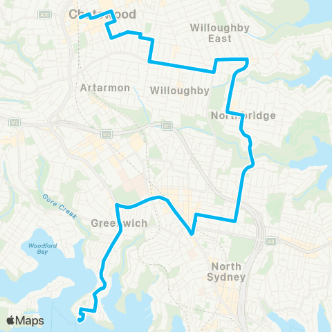 Sydney Buses Network Chatswood to Greenwich via Crows Nest map