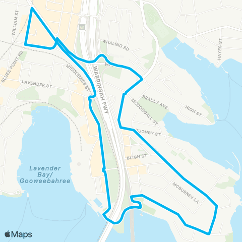 Sydney Buses Network N Sydney to Milsons Point via Kirribilli (Loop Service) map