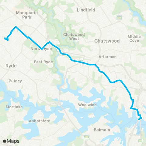Sydney Buses Network Denistone E to Milsons Point via St Leonards & N Sydney map