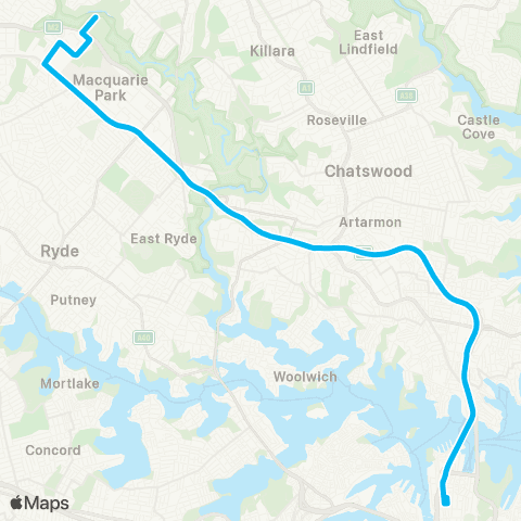 Sydney Buses Network Marsfield to City Wynyard via Ln Cove Tunnel map