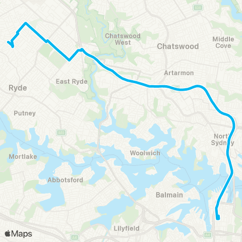 Sydney Buses Network Denistone E to City Wynyard via Ln Cove Tunnel map