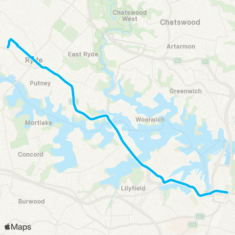 Sydney Buses Network W Ryde to City Hyde Pk via Victoria Rd (Exp Service) map