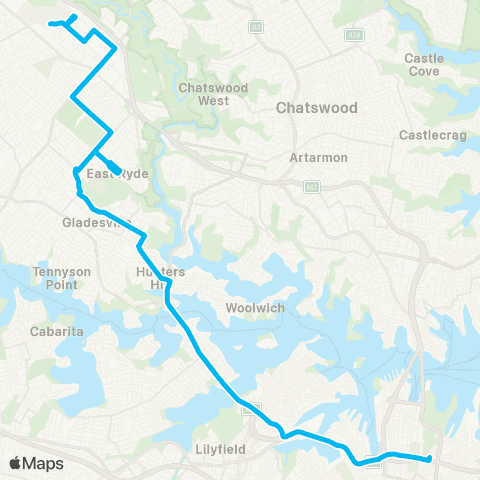 Sydney Buses Network Macquarie Univ to City Domain via E Ryde map