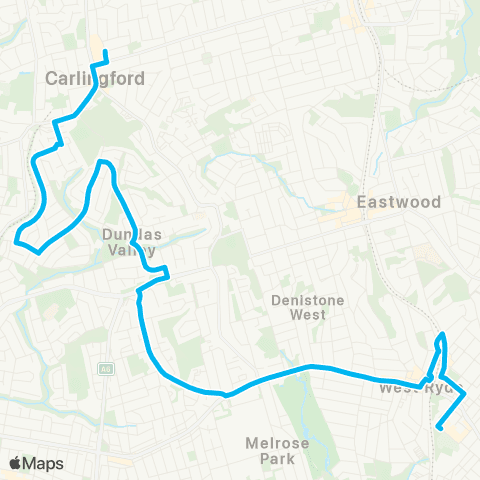 Sydney Buses Network Carlingford to W Ryde via Dundas Valley map