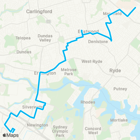 Sydney Buses Network Macquarie Centre to Auburn via Eastwood map
