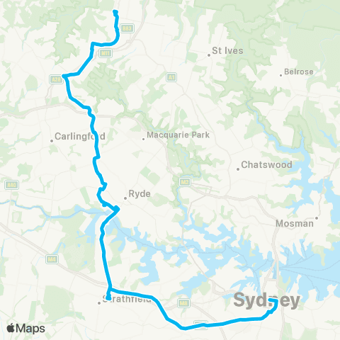 Sydney Buses Network Hornsby to City Town Hall via Strathfield (Night Service) map