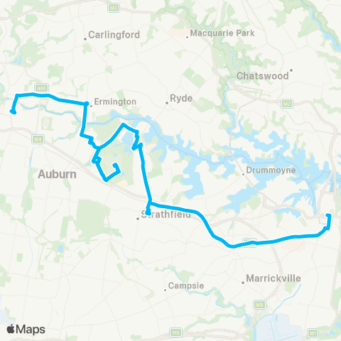 Sydney Buses Network Parramatta to City Town Hall via Sydney Olympic Pk (Night Service) map