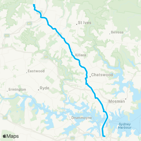 Sydney Buses Network Hornsby to City Town Hall via Chatswood (Night Service) map