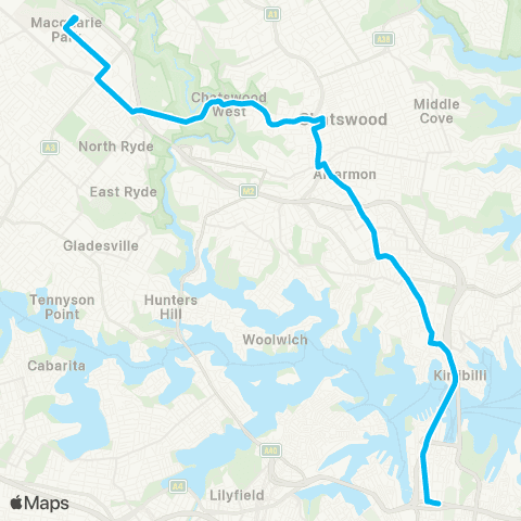 Sydney Buses Network City Town Hall to Macquarie Ctr (Night Service) map