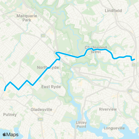 Sydney Buses Network Top Ryde City to Chatswood via N Ryde map