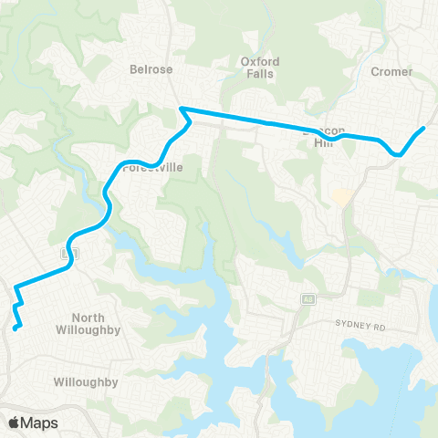 Sydney Buses Network Dee Why to Chatswood via Frenchs Forest (Exp Service) map