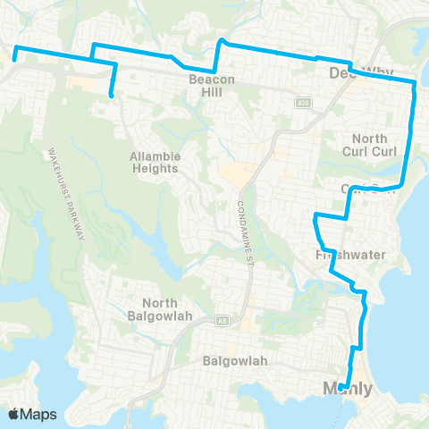 Sydney Buses Network Frenchs Forest to Manly via Dee Why Bch map