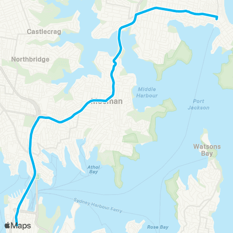 Sydney Buses Network Manly to City Wynyard (Express Service) map