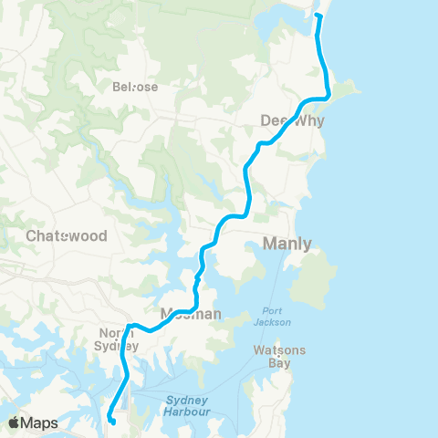 Sydney Buses Network Narrabeen to City Wynyard (Exp Service) map