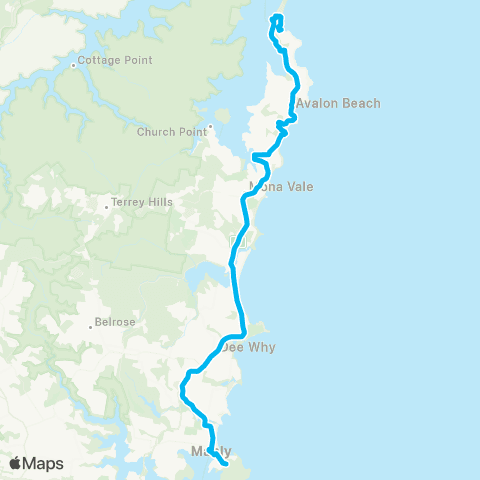 Sydney Buses Network Palm Bch to Manly via Mona Vale & Dee Why map