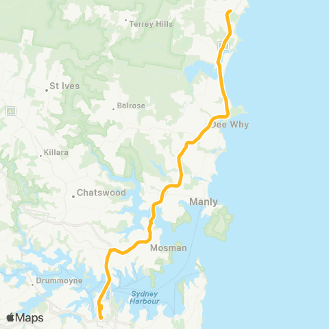 Sydney Buses Network B-Line Mona Vale to City QVB (Night Service) map