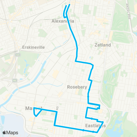 Sydney Buses Network Redfern to Mascot Station (Loop Service) map