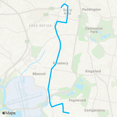 Sydney Buses Network Botany to Central Railway Square map