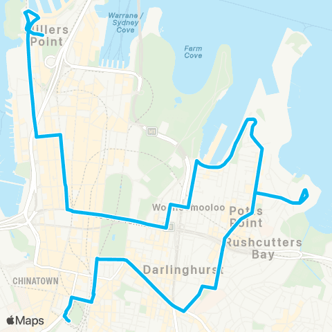Sydney Buses Network Central Belmore Pk to City Millers Point via Darlinghurst & Potts Point map