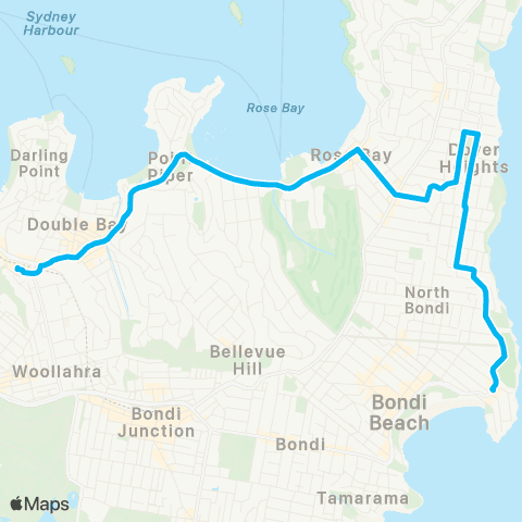 Sydney Buses Network N Bondi to Edgecliff via New S Head Rd map