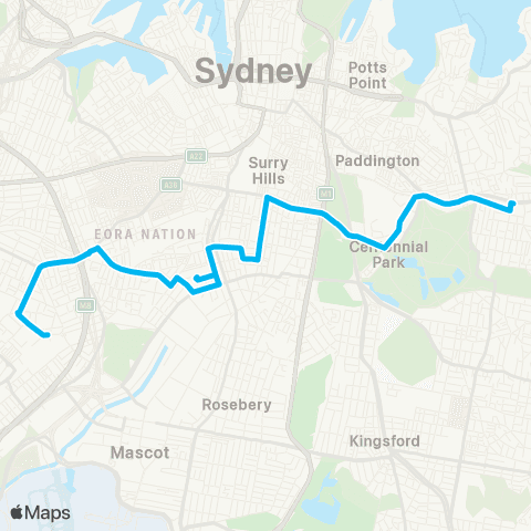 Sydney Buses Network Marrickville Metro to Bondi Jct via Moore Pk & Erskineville map