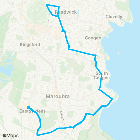 Sydney Buses Network Eastgardens to Randwick (Loop Service) map