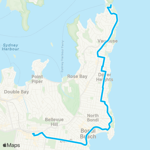 Sydney Buses Network Watsons Bay to Bondi Jct via Bondi Bch map