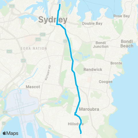 Sydney Buses Network Matraville to City Circular Qy (Night Service) map
