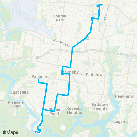 Sydney Buses Network Panania to Bankstown via Picnic Point map