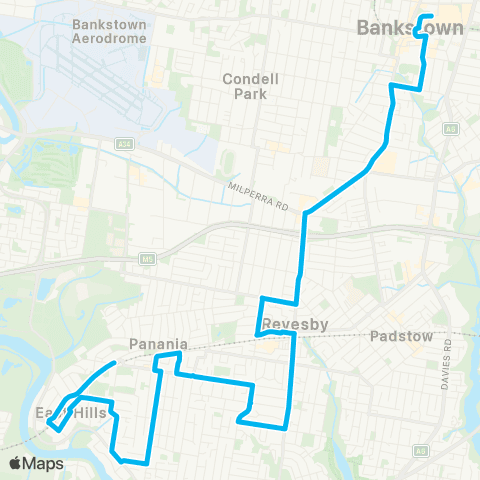 Sydney Buses Network East Hills to Bankstown via Panania map