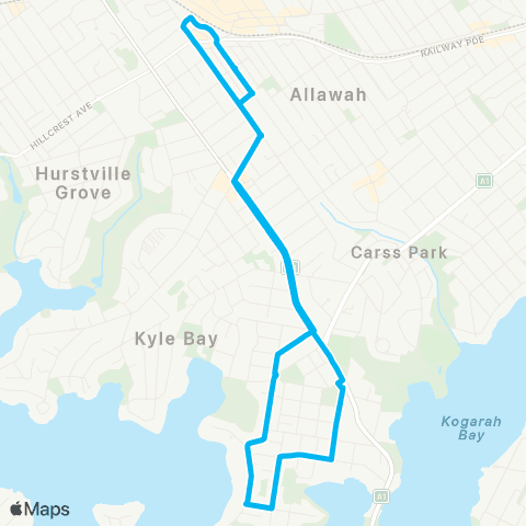 Sydney Buses Network Hurstville to Bald Face Point (Loop Service) map