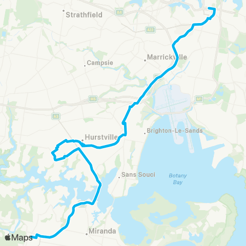 Sydney Buses Network Sutherland to City Town Hall (Night Service) map