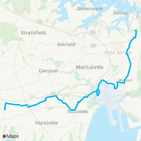 Sydney Buses Network Riverwood to City Town Hall via Airport (Night Service) map