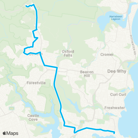 Sydney Buses Network Austlink to Manly via Frenchs Forest & Seaforth map