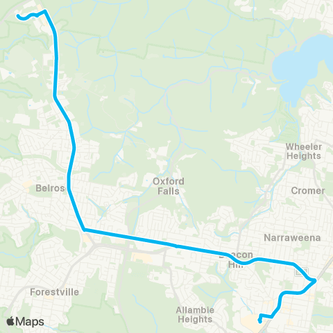 Sydney Buses Network Warringah Mall to Austlink via Frenchs Forest map