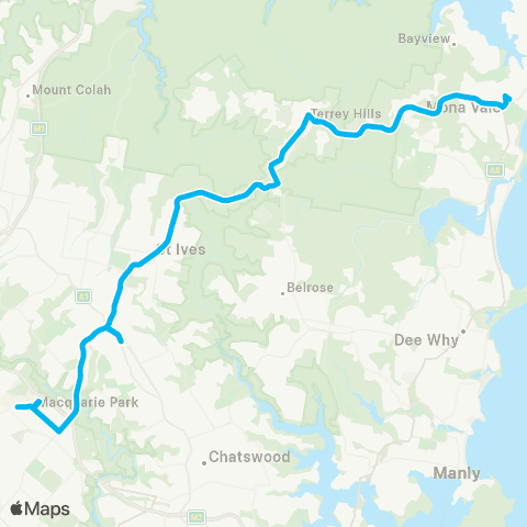 Sydney Buses Network Mona Vale to Macquarie Univ via Gordon map