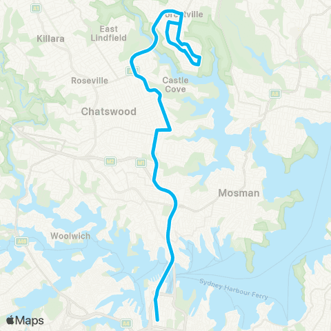 Sydney Buses Network Killarney Hts to City QVB via Forestville map