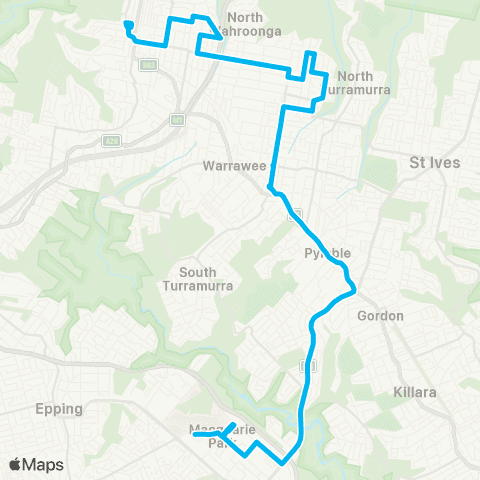 Sydney Buses Network Hornsby to Macquarie Univ via Turramurra map
